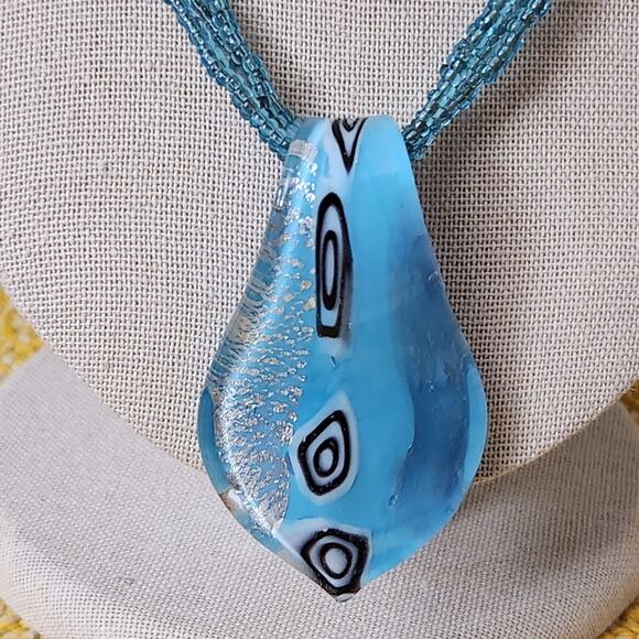 Blue glass beaded pendant necklace and earrings multi strand chain - Picture 3 of 11